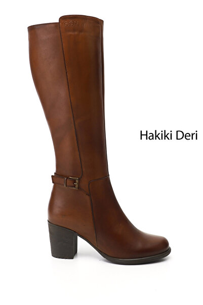GÖNDERİ(R) Women's Tan Antique Zippered Thick Heeled Genuine Leather Boots