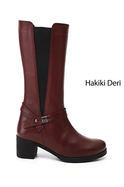 GÖNDERİ(R) Women's Burgundy Zippered Thick Heeled Genuine Leather Boots