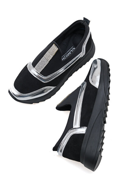 DELSOLERA Leather Laceless Thick Sole Metallic Gray Detailed Stoned Black Casual Sports Shoes