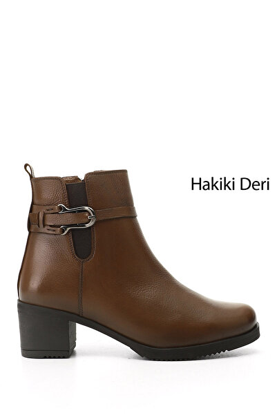 GÖNDERİ(R) Women's Tan Floater Zippered Thick Heeled Genuine Leather Boots