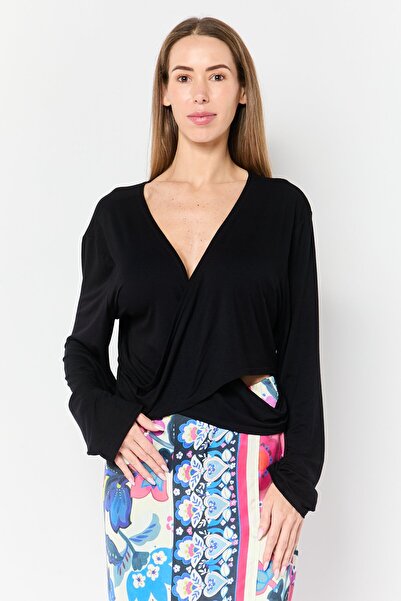 South Beach Women Plus Detail Long Sleeve Solid Top, Black