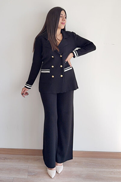 CİDDE Women's Double-Breasted Collar Pocketed Knitwear Bottom-Top Set