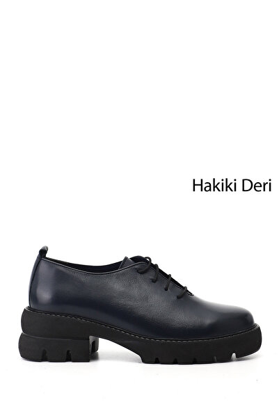 GÖNDERİ(R) Women's Navy Blue Lace-Up Thick Heeled Genuine Leather Shoes