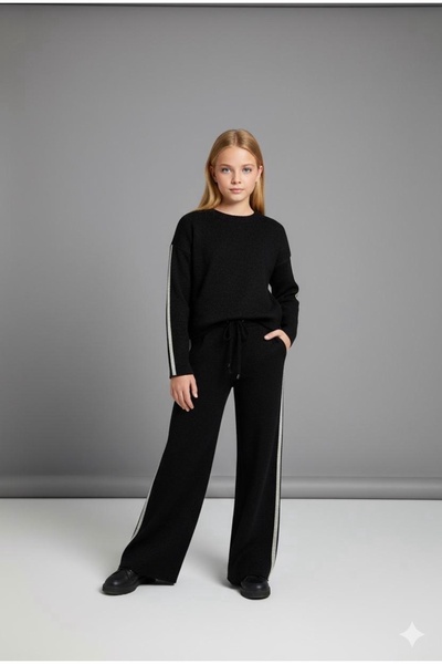 ADA YILDIZ KİDS Set de tricotaje negre pentru fete, bluză și pantaloni, 6/14 ani