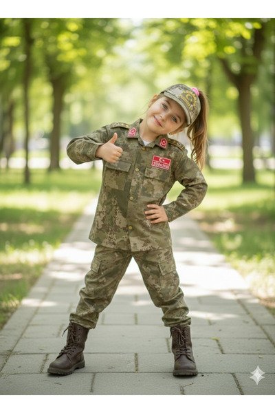 Nazlyna Children's Soldier Costume - Camouflage Patterned Commando Suit with Cap