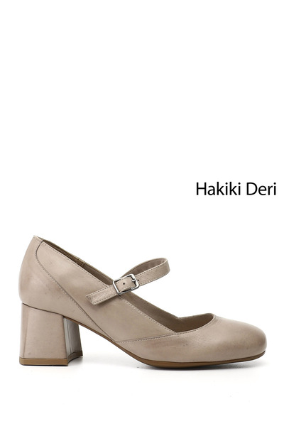 GÖNDERİ(R) Women's Beige Antique Thick Heeled Mary Jane Genuine Leather Shoes