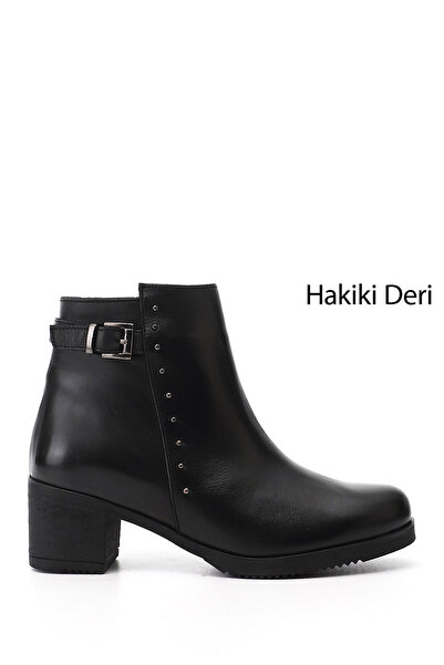 GÖNDERİ(R) Γυναικείες μαύρες μπότες από γνήσιο δέρμα με χοντρό τακούνι με φερ...