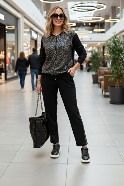 Mossta Leopard Detailed Zippered Viscose Two Thread Blouse Pants Two Piece Set - Black