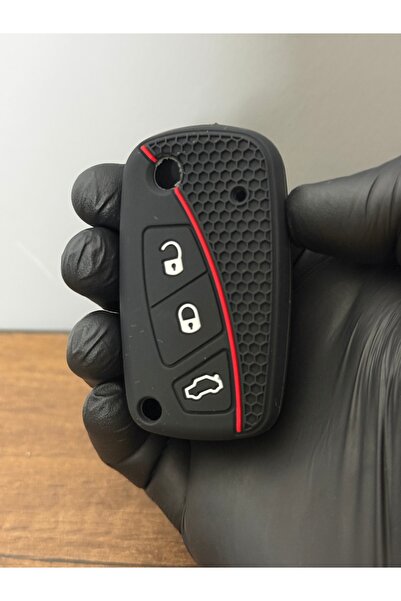 Luxe Aksesuarr Fiat Fiorino - Linea Sustalı 3 Düğmeli Petek Desenli Anahtar Kumanda Koruma Kılıfı - Black Red