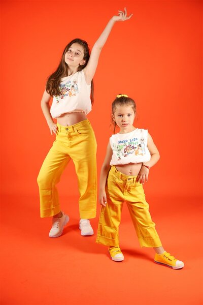 Escabel بنطلون أصفر بتفاصيل أرجل للفتيات بعمر 04-14 سنة