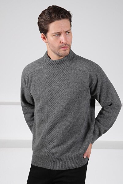 Ferraro Smoked Crew Neck Vertical Stripe Patterned 100% Lamb Wool Men's Knitwear Sweater