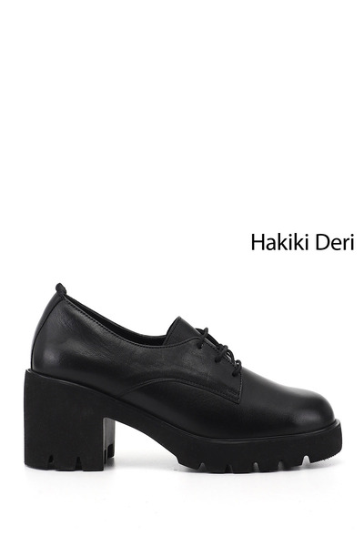 GÖNDERİ(R) Women's Black Lace-Up Thick Heeled Genuine Leather Shoes