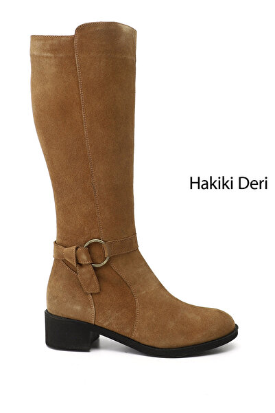 GÖNDERİ(R) Women's Tan Suede Zippered Thick Heeled Genuine Leather Boots
