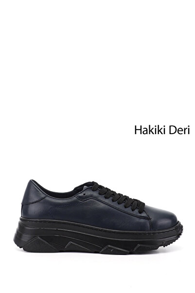 GÖNDERİ(R) Women's Navy Blue Lace-Up Wedge Sole Genuine Leather Sneaker