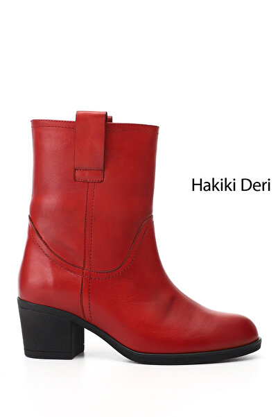 GÖNDERİ(R) Women's Red Antique Thick Heeled Genuine Leather Boots