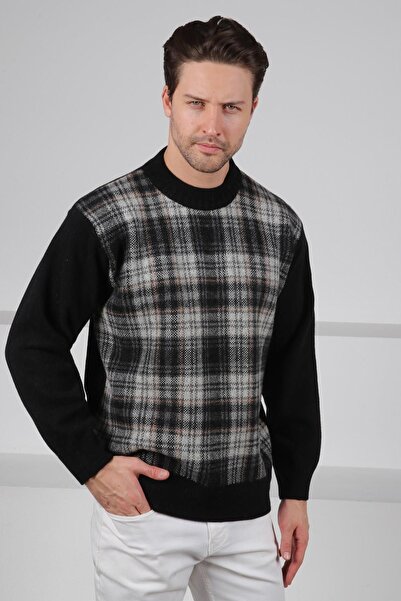 Ferraro Μαύρο πλεκτό πουλόβερ ανδρικό πλεκτό με ρίγες μπροστά από μαλλί αρνιού