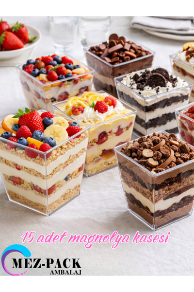 MEZ-PACK 15 Adet Kübik Prizma Mika Magnolya Kase Plastik Tatlı Sunum Kabı Don...