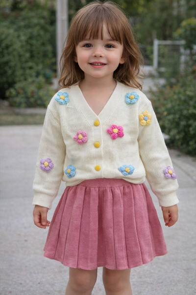 SANTRALBEBE Kız Çocuk Triko Etekli Çiçek Nakışlı Takım