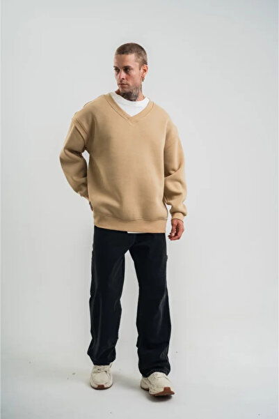 soonaksesuar Wide V-Neck Sleeve Ribbed Detailed Sweatshirt - Beige