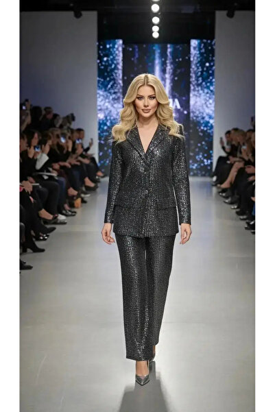 Sierra otantik Siyah Gümüş Payetli Blazer Ceket ve Pantolon İkili Takım
