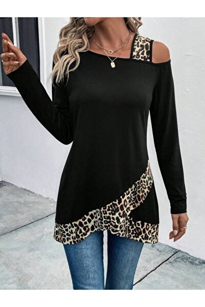 soonaksesuar Women's Single O Remote Open Strap Long Sleeve Leopard Detailed Viscose Blouse