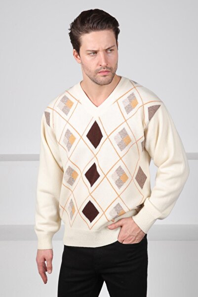 Ferraro Ecru/Brown V-Neck Brown Diamond Patterned 100% Lamb Wool Men's Knitwear Sweater