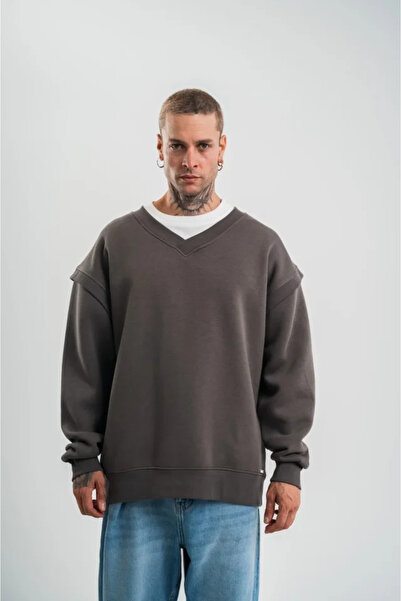 buğrahayalin Wide V-Neck Sleeve Ribbed Detailed Sweatshirt - Smoked