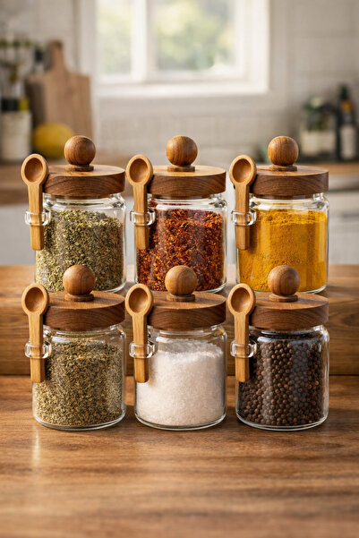 Kitchen Way Acacia Spoon and Seal Lid 6-Piece Jar Spice Rack Set Kw-735