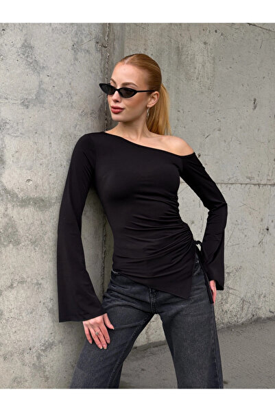 Cool & Sexy Women's Waist Detail Boat Neck Long Sleeve Black Blouse