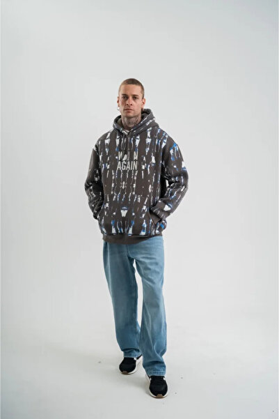 soonaksesuar Unisex Long Sleeve Hooded Panel Printed Sweatshirt - Smoked