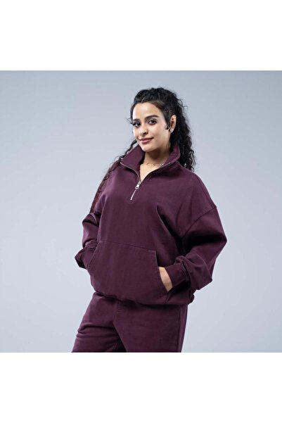 SWAG سويت شيرت أوفرسايز بسحاب قصير وياقة كلاسيكية وجيب أمامي - عنابى