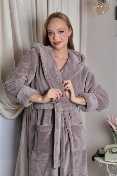 BlackWay Kadın Kapüşonlu Uzun Pelüş Sabahlık/ Bornoz