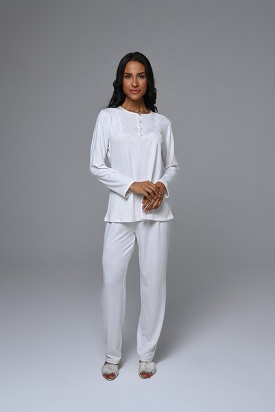 Lohusa Homewear Women's Ecru Winter Special Design Lace Detailed Stylish Maternity Pajama Set 3-Piece Set