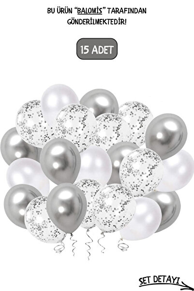 BALOMİS Metalik Beyaz Krom Gümüş Ve Şeffaf Balon Seti Balon Pullu 11 İnç