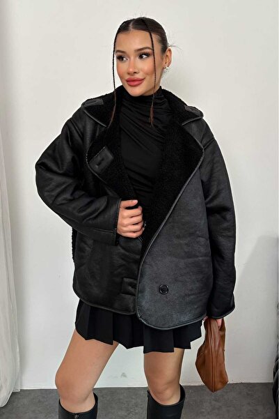 gm giyimarket Women's Suede Leather Plush Lined Oversized Zr Model Coat Jacket