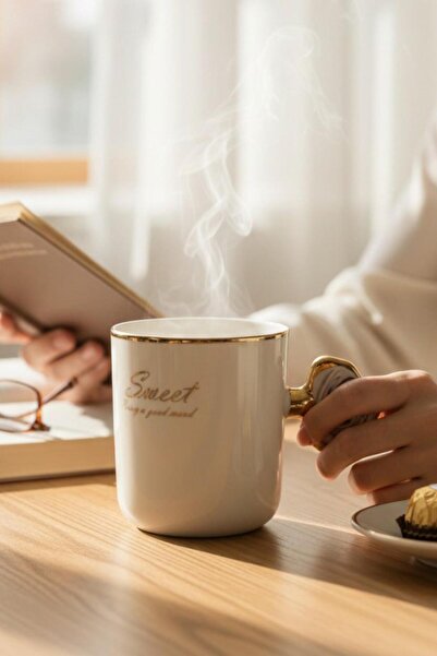 ALBETTO كوب بورسلين كبير الحجم 450 مل أبيض مذهب