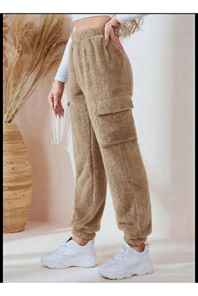 kendii modamm Kadın Kışlık Teddy Polar Kargo Eşofman Altı – Sıcacık, Yumuşak, Rahat Jogger Pantolon