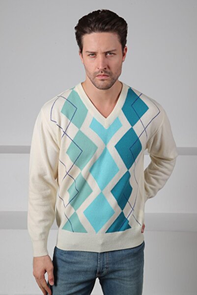Ferraro Ecru/Turquoise V-Neck Multi-Tone Argyle Patterned 100% Lamb Wool Men's Knitwear Sweater