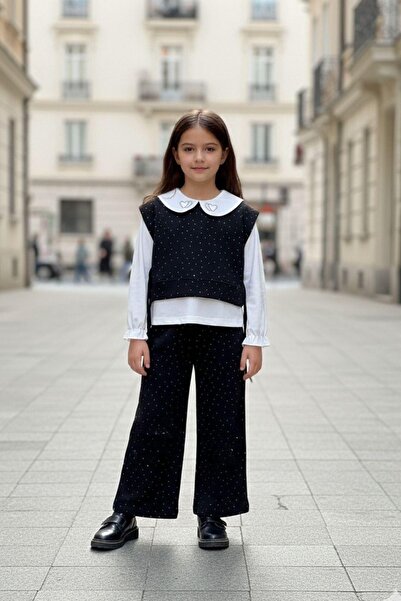 Zaziko Kids Stone Patterned Combed Cotton Sweater and Trousers Three-Piece Girls' Set