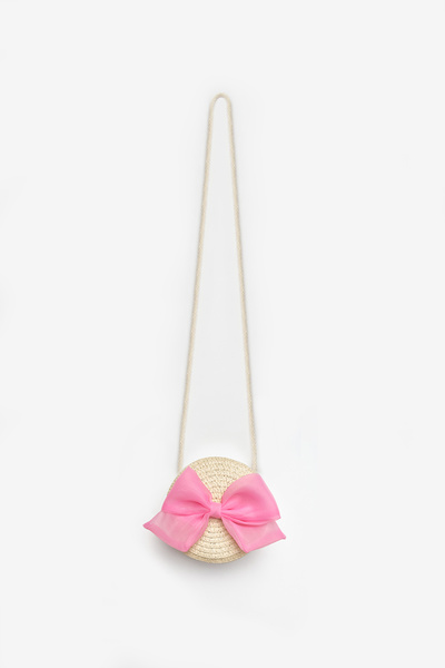 Le Mabelle Girl's Beige Straw Bag with Pink Bow