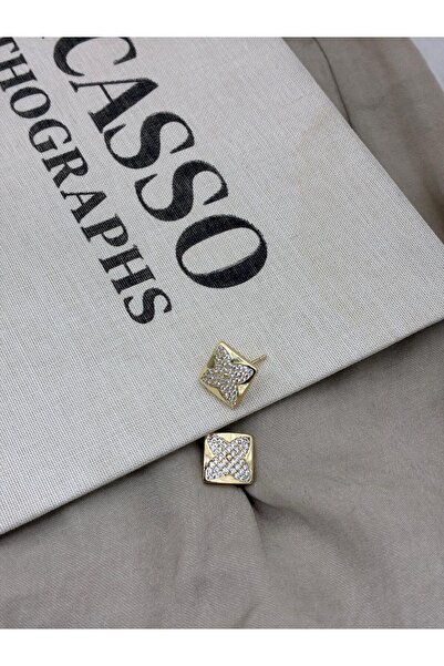 Hedef Bijuteri Square Plate with Zircon Stone Star Model Gold Color Earrings Cm23