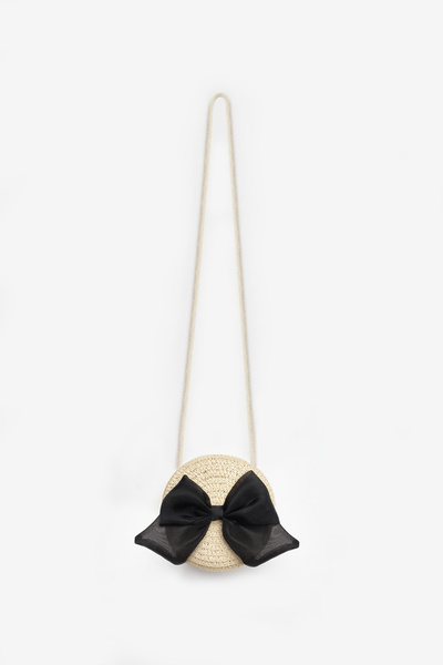 Le Mabelle Black Bow Girl's Beige Straw Bag
