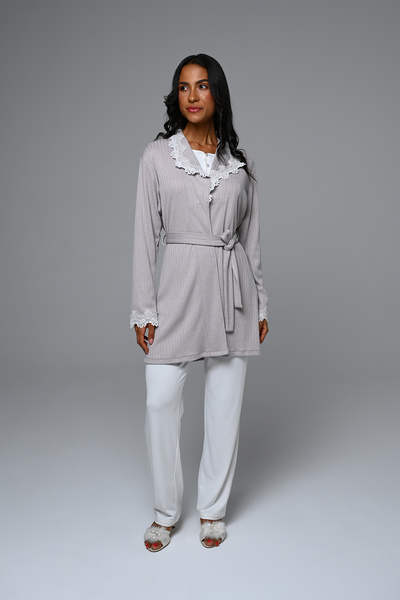 Lohusa Homewear Women's Ecru Winter Special Design Lace Detailed Stylish Maternity Pajama Set 3-Piece Set