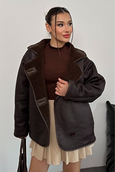 gm giyimarket Women's Suede Leather Plush Lined Oversized Zr Model Coat Jacket