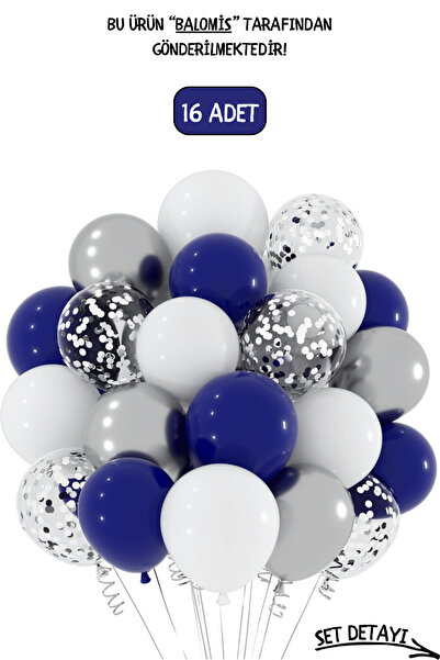 BALOMİS Lacivert Beyaz Krom Gümüş Ve Şeffaf Balon Seti Balon Pullu 11 İnç