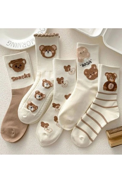 MARKAMEN 5 çift Ayıcık desenli penye kolej çorabi