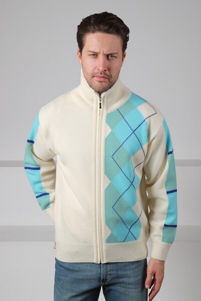 Ferraro Ecru/Turquoise Zippered Diagonal Patterned 100% Lamb Wool Men's Knitwear Cardigan