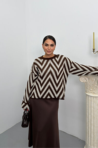 spirituel Women's Sweater Knitted Crew Neck Drop Shoulder Zigzag Patterned Sleeve Fold Detail Knitwear Sweater