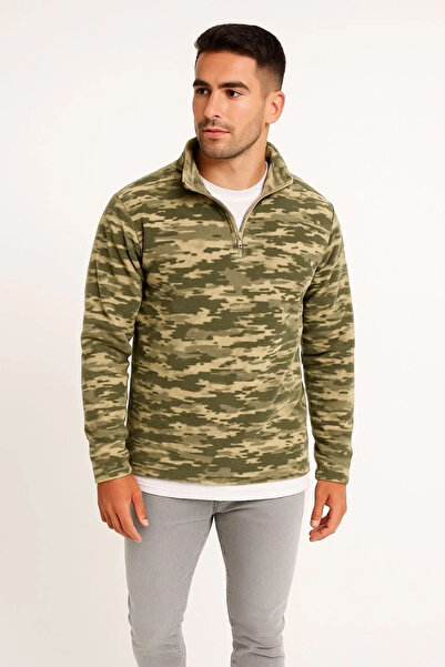 BLACK MODBLACK Men's Half-Zippered Patterned Fleece Sweatshirt – Khaki Camouflage Collar, Long Sleeves, Oversize Comfortable Sweatshirt