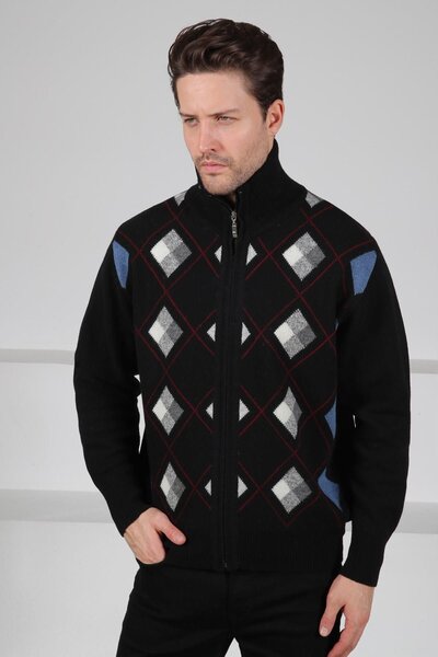 Ferraro Black/Grey Zippered Green Diamond Patterned 100% Lamb Wool Men's Knitwear Cardigan